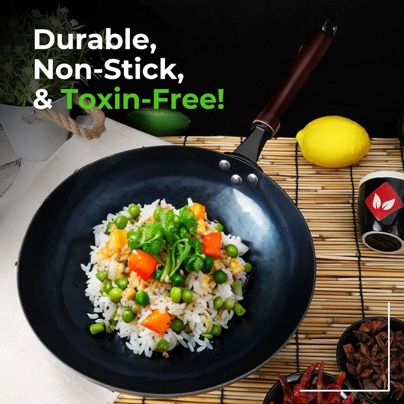 Home Essentials Heavy Duty Fine Iron Pan with Wood Handle, Frying Wok Pan with Handle, Gas & Induction Compatible/Pre-Seasoned Wok, 100% Pure & Toxin-Free (AM270), Black - Image 3