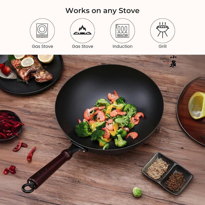 Home Essentials Heavy Duty Fine Iron Pan with Wood Handle, Frying Wok Pan with Handle, Gas & Induction Compatible/Pre-Seasoned Wok, 100% Pure & Toxin-Free (AM270), Black - Image 5