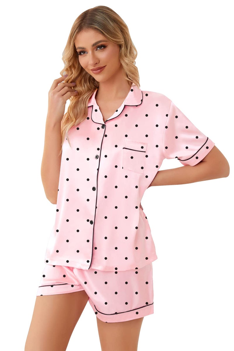 Schbbbta Kids Pajamas Girls, 2 Pcs Sleepwear Short Sleeve Stain Summer Pajama Set Silk Pjs for Teen Girls, Pink Dots, 11-12 Years - Image 5