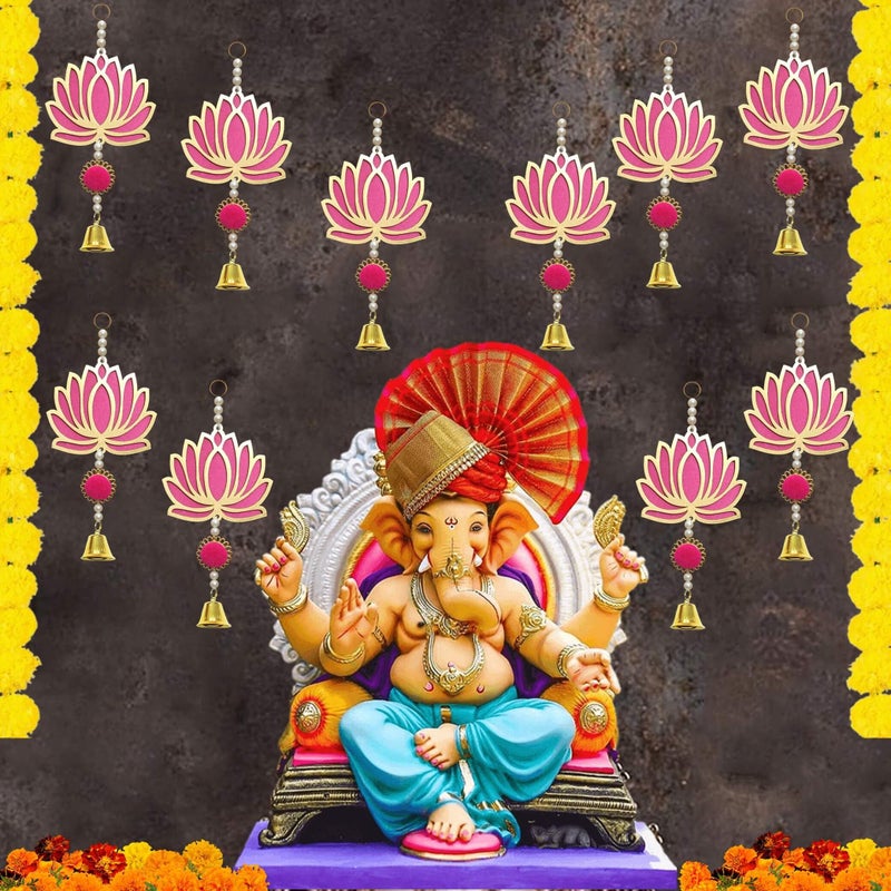 CREYENTES Plastic Pink Wall Decor Lotus With Ringing Bell For Decoration (Pack Of 10) Toran For Door, Wall Hangings Backdrop, Pooja Room,Diwali, Wedding, Festival Decor (Lotus Hanging Bell 10) - Image 1