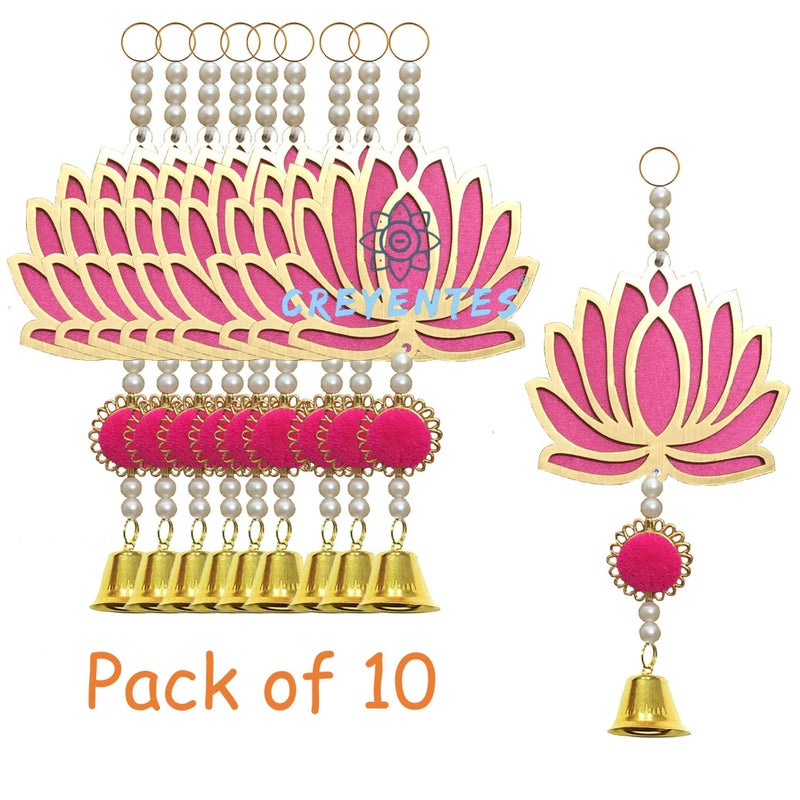 CREYENTES Plastic Pink Wall Decor Lotus With Ringing Bell For Decoration (Pack Of 10) Toran For Door, Wall Hangings Backdrop, Pooja Room,Diwali, Wedding, Festival Decor (Lotus Hanging Bell 10) - Image 3