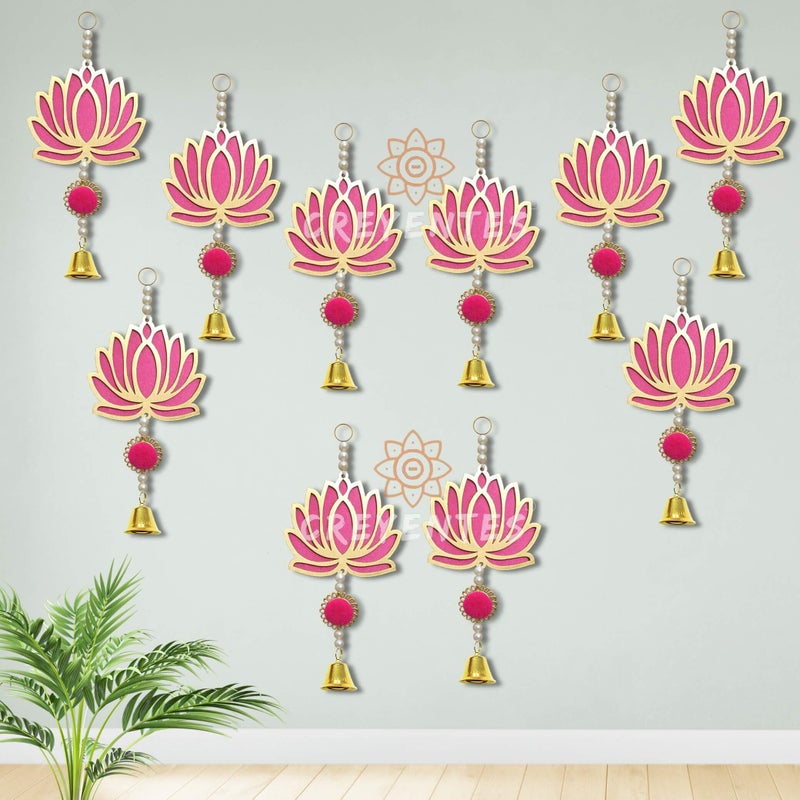 CREYENTES Plastic Pink Wall Decor Lotus With Ringing Bell For Decoration (Pack Of 10) Toran For Door, Wall Hangings Backdrop, Pooja Room,Diwali, Wedding, Festival Decor (Lotus Hanging Bell 10) - Image 2