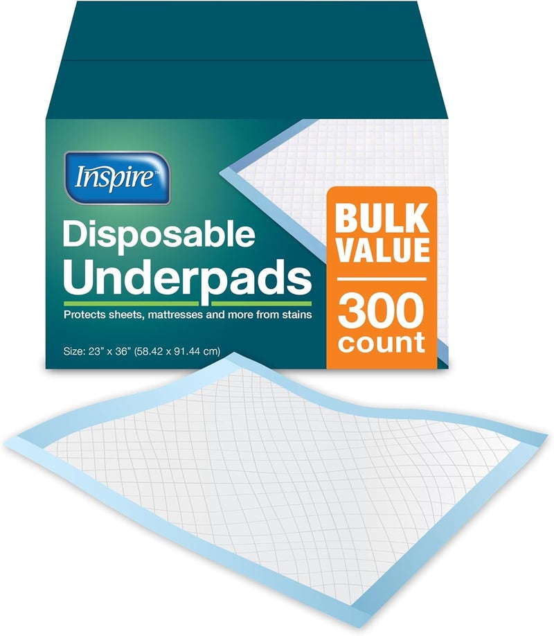 Inspire Inspire Bulk Savings Pack 300 ct. Disposable Chux Underpads, 23 x 36 Inches, Moderately Absorbent Puppy Pads for Dogs Incontinence Disposable Adult Bed Protector Waterproof