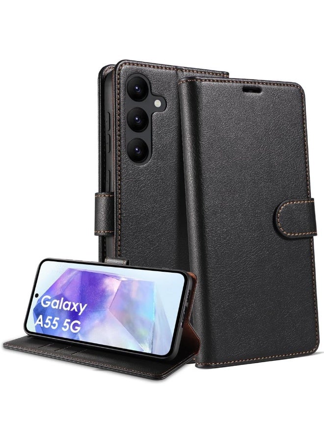 Case For Galaxy A55 5G Premium Leather Flip Wallet Case [RFID Blocking] Phone Cover For Galaxy A55 5G (Black) - Image 1