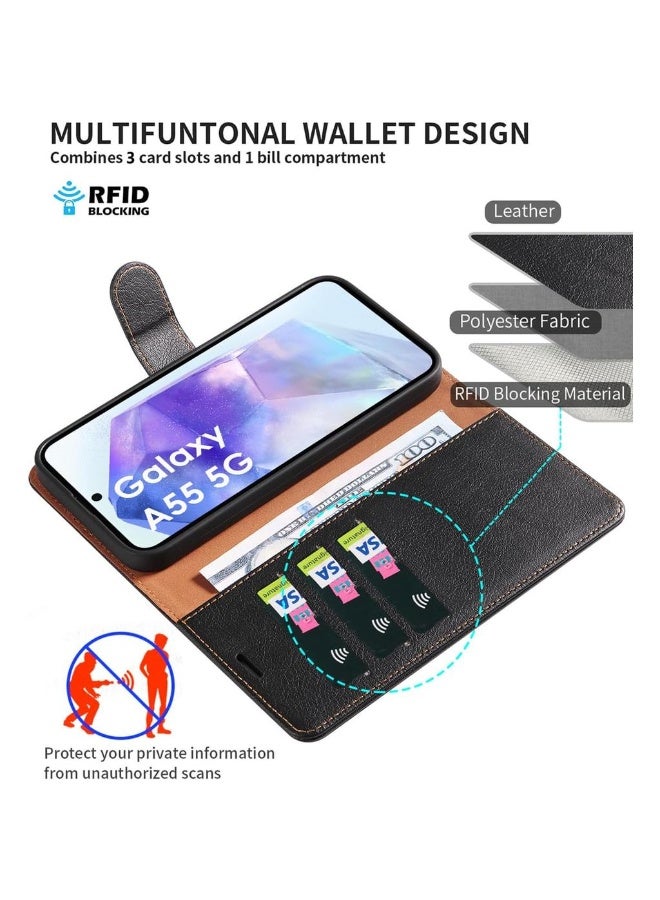 Case For Galaxy A55 5G Premium Leather Flip Wallet Case [RFID Blocking] Phone Cover For Galaxy A55 5G (Black) - Image 2