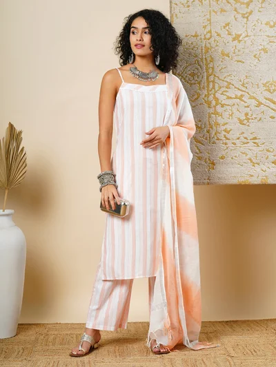 globus Women Striped Regular Kurta With Trousers & With Dupatta