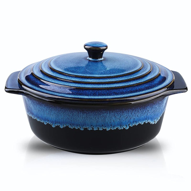 KOOV Ceramic Casserole Dish with Lid - 2 Quart, 9 Inch Round Baking Dish, Oven Safe, Reactive Glaze - Image 1