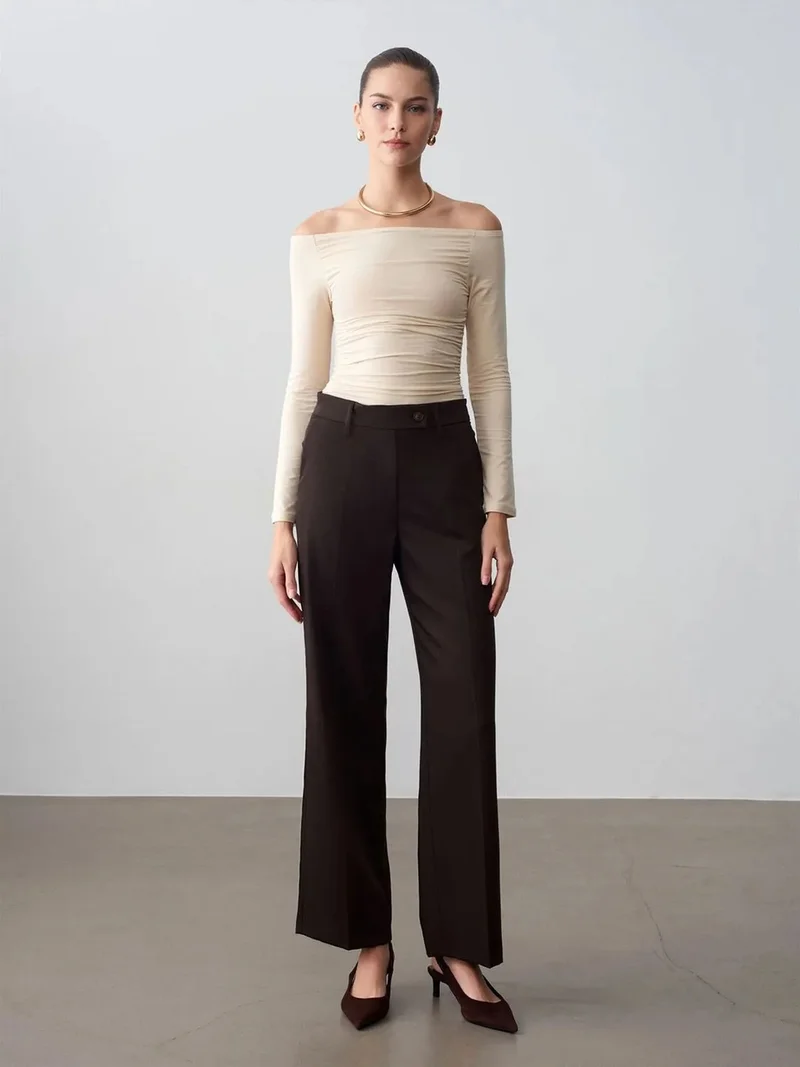 ديلفين Dilvin Wide-Leg Mid-Waist Woven Trousers