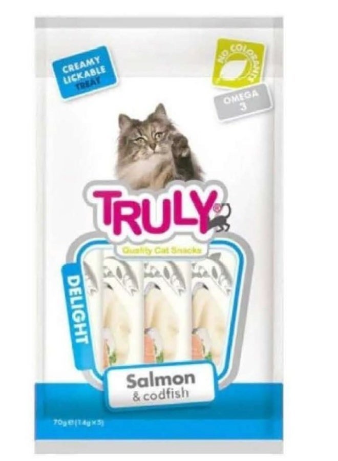 Truly Creamy Lickable Cat Treats – Salmon & Codfish Flavor – Premium Cat Snack – Omega-3 Rich Creamy Treats – 5 Sticks (70g) - Image 2