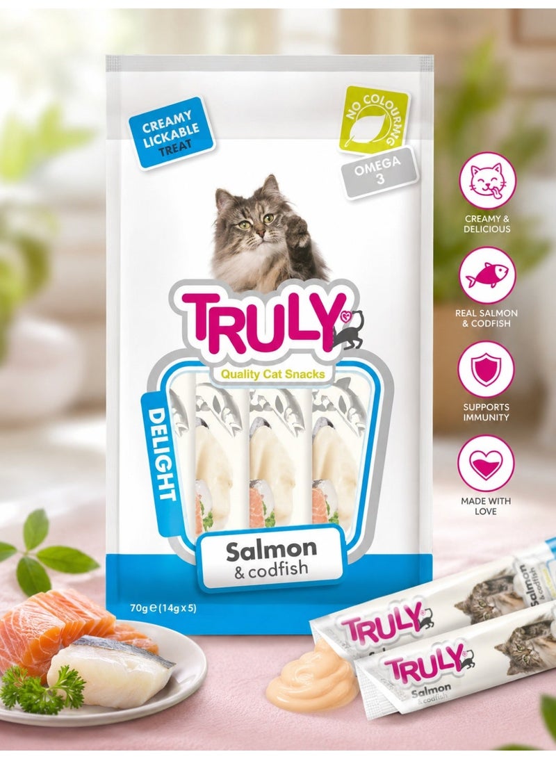 Truly Creamy Lickable Cat Treats – Salmon & Codfish Flavor – Premium Cat Snack – Omega-3 Rich Creamy Treats – 5 Sticks (70g) - Image 1