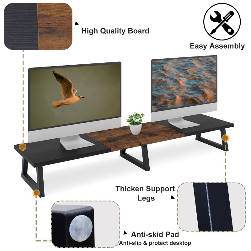 TEAMIX 42 inch Large Dual Monitor Riser, Extra Long Monitor Stand Riser for 2 Monitors, Wood & Steel Desktop Riser Desk Organization Home Office (Black+Brown, 42 inch) - Image 3