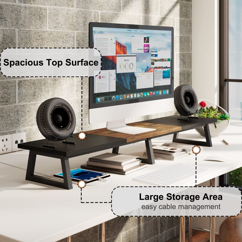 TEAMIX 42 inch Large Dual Monitor Riser, Extra Long Monitor Stand Riser for 2 Monitors, Wood & Steel Desktop Riser Desk Organization Home Office (Black+Brown, 42 inch) - Image 2