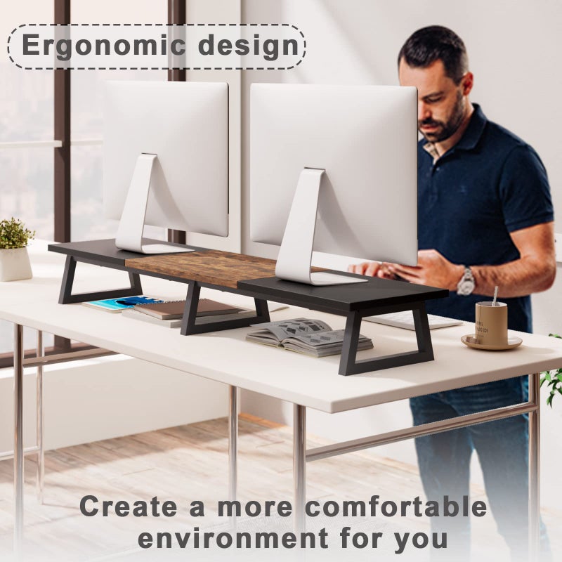 TEAMIX 42 inch Large Dual Monitor Riser, Extra Long Monitor Stand Riser for 2 Monitors, Wood & Steel Desktop Riser Desk Organization Home Office (Black+Brown, 42 inch) - Image 5