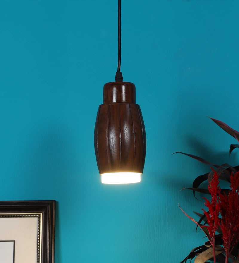 Green House Handmade Sheesham Wood Hanging Ceiling Pendant Light | Unique Aesthetic Barrel Design | in-Built 9W Warm White LED | Home Decor Lighting for Bedroom, Living Room, Kitchen, Dining Room - Image 1