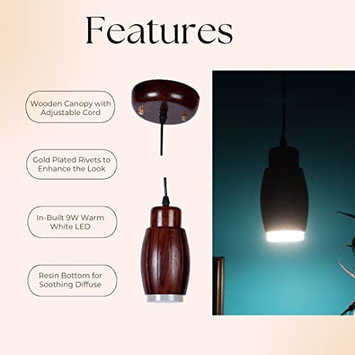 Green House Handmade Sheesham Wood Hanging Ceiling Pendant Light | Unique Aesthetic Barrel Design | in-Built 9W Warm White LED | Home Decor Lighting for Bedroom, Living Room, Kitchen, Dining Room - Image 5