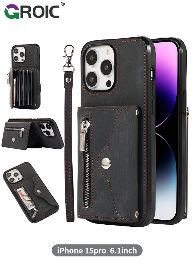 GROIC iPhone 15 Pro Wallet Case for Women, Support Wireless Charging with RFID Blocking Card Holder, PU Leather Zipper Wallet Detachable Shockproof Magnetic Phone Case with Wrist Strap  - Image 1