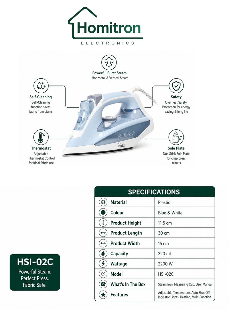 Homitron Multifunctional Steam Iron with Non-Stick Soleplate, Wet/Dry Function/Temperature Control, Dry/Steam Burst/Steam/Vertical Steam/Spray Function 320 ml 2200 W HSI-02C - Image 3