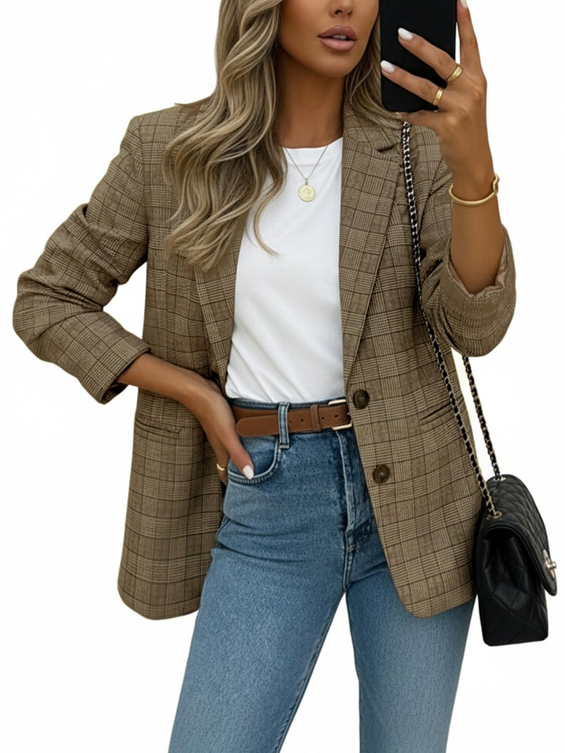 Mina Self Plaid Blazer Jacket for Women 2025 Fall Houndstooth Chocolate Brown Business Casual Oversized Trendy Womens Work Office Fashion Dressy Professional Women's Blazers & Suit Jackets - Image 2
