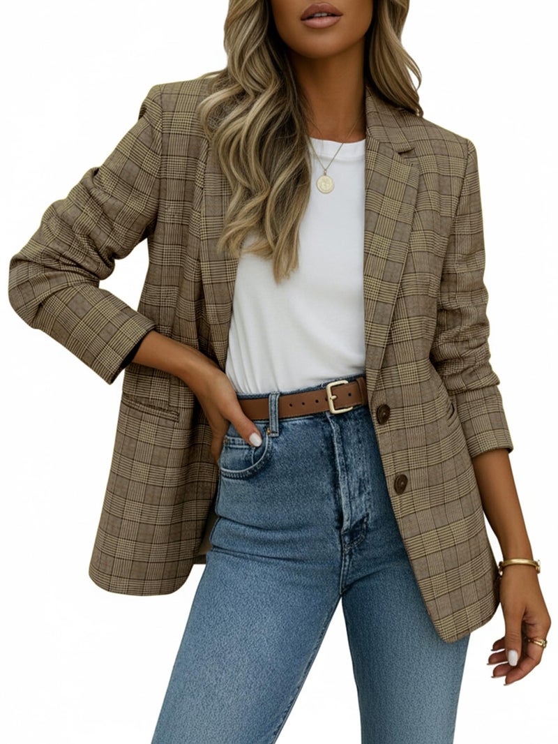 Mina Self Plaid Blazer Jacket for Women 2025 Fall Houndstooth Chocolate Brown Business Casual Oversized Trendy Womens Work Office Fashion Dressy Professional Women's Blazers & Suit Jackets - Image 3