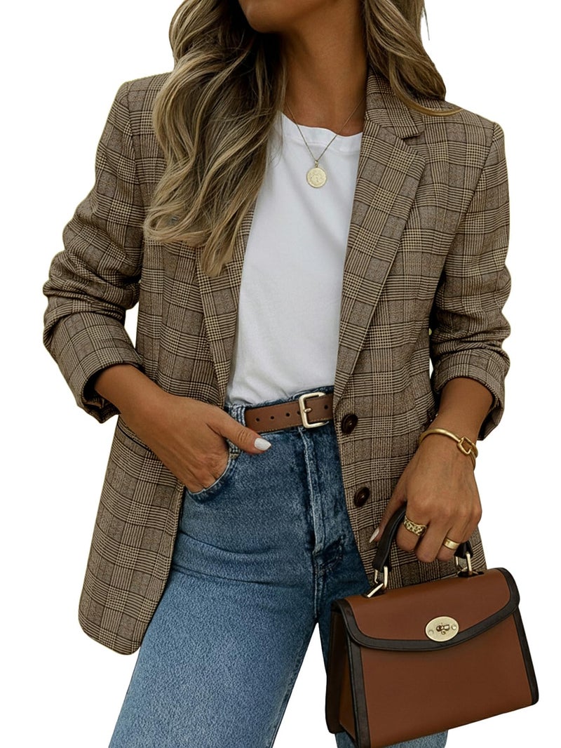Mina Self Plaid Blazer Jacket for Women 2025 Fall Houndstooth Chocolate Brown Business Casual Oversized Trendy Womens Work Office Fashion Dressy Professional Women's Blazers & Suit Jackets - Image 1