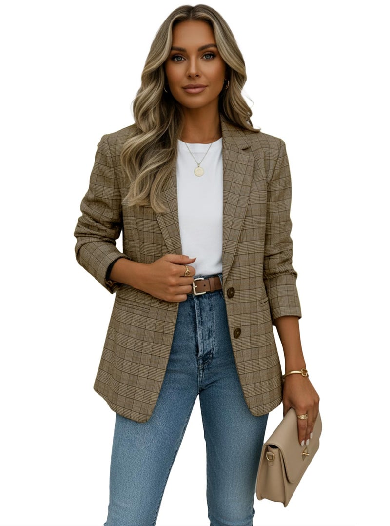 Mina Self Plaid Blazer Jacket for Women 2025 Fall Houndstooth Chocolate Brown Business Casual Oversized Trendy Womens Work Office Fashion Dressy Professional Women's Blazers & Suit Jackets - Image 5