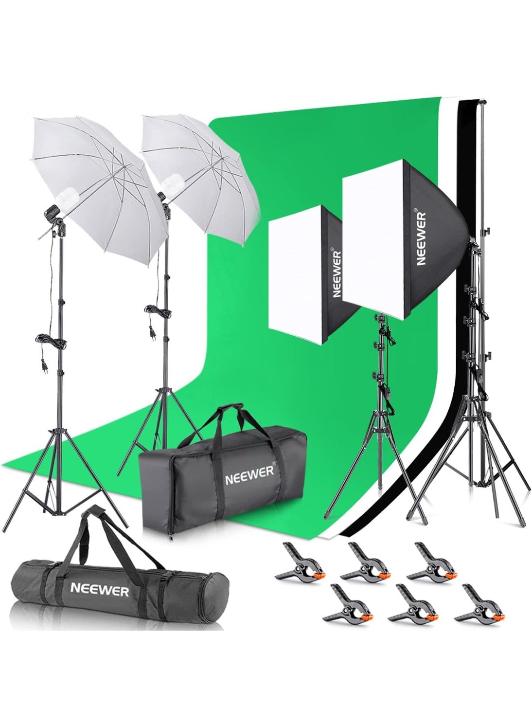 NEEWER Photo Studio Set with 8.5x10 ft Background System 800W LED Softbox Lighting Kit Green Screen for Portrait Product Photography