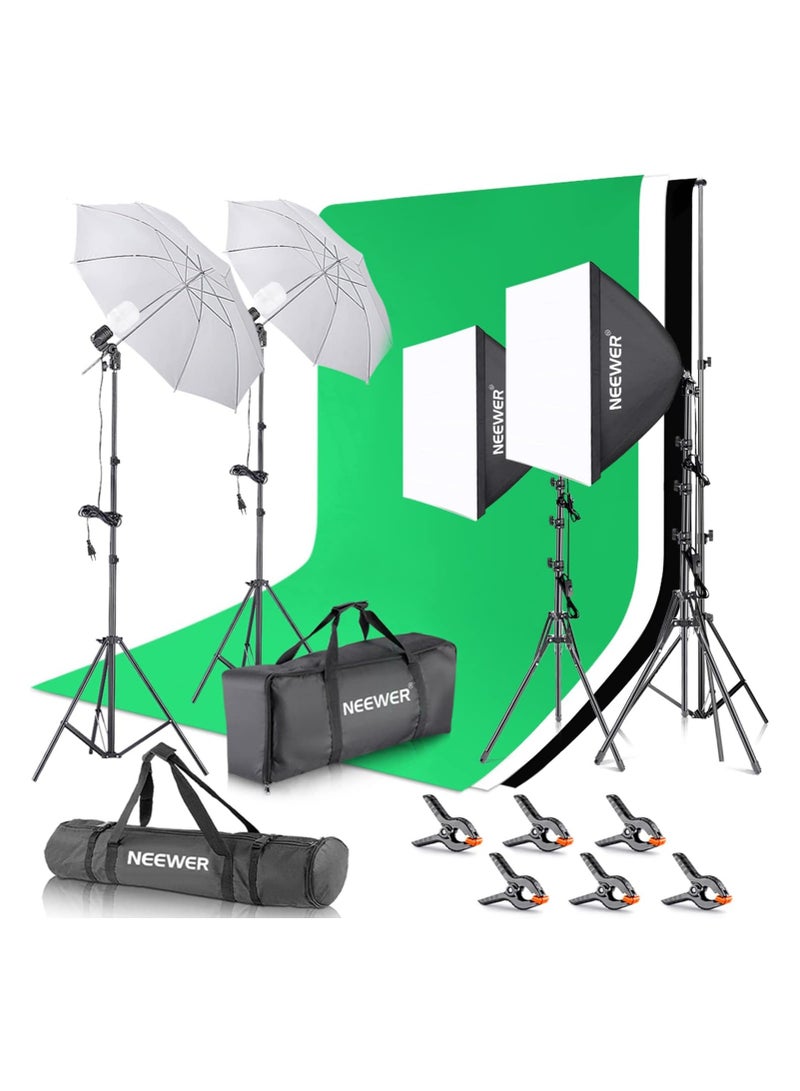 نيوير طقم استوديو التصوير من NEEWER مع خلفية للتصوير الفوتوغرافي: نظام خلفية بحجم 8.5 × 10 قدم، إضاءة LED 5700K بقوة مكافئة 800 واط مع سوفت بوكس، وإضاءة استوديو مع خلفيات الشاشة الخضراء لتصوير المنتجات والبورتريه. - Image 1