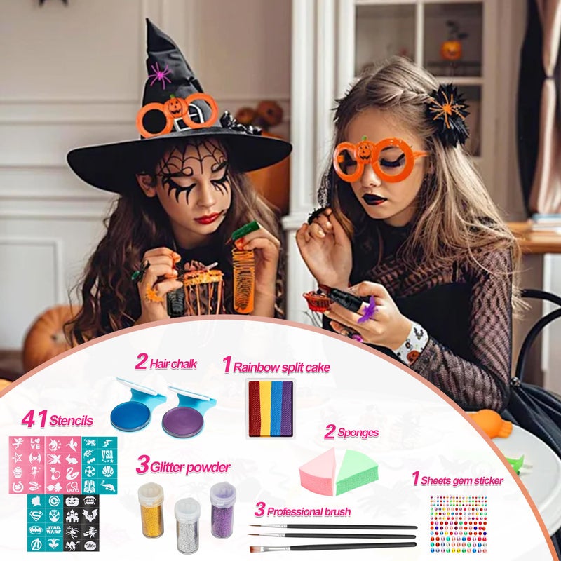 Maydear Face Painting Kit for Kids - 20 Colors Water Based Makeup Palette with Stencils, Glitters, Rainbow Split Cake, Hair Dye Clips, for Parties, Halloween, Safe Professional Body & Face Paint Kit - Image 3