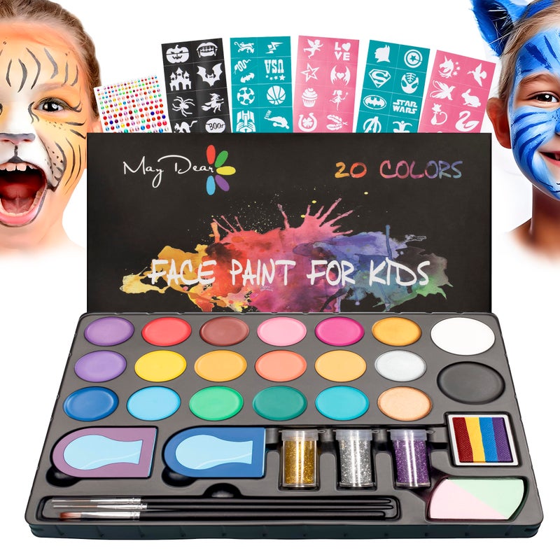 Maydear Face Painting Kit for Kids - 20 Colors Water Based Makeup Palette with Stencils, Glitters, Rainbow Split Cake, Hair Dye Clips, for Parties, Halloween, Safe Professional Body & Face Paint Kit - Image 1