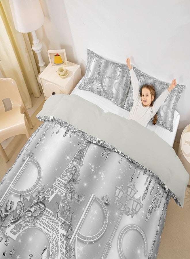 Castle Fairy Paris Duvet Cover Set King Size Sliver Glitter Diamond Bedding Set 3pcs for Kids Girls Boys Women Room Decor,Romantic Eiffel Tower Comforter Cover Luxury Pearls and Jewels Quilt Cover,2 Pillowcases - Image 3