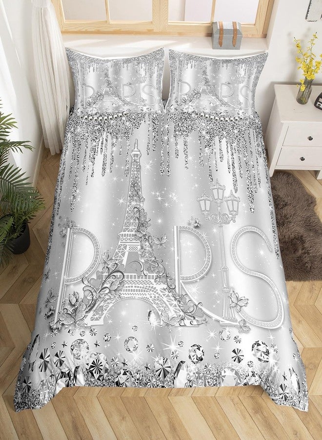 Castle Fairy Paris Duvet Cover Set King Size Sliver Glitter Diamond Bedding Set 3pcs for Kids Girls Boys Women Room Decor,Romantic Eiffel Tower Comforter Cover Luxury Pearls and Jewels Quilt Cover,2 Pillowcases - Image 4