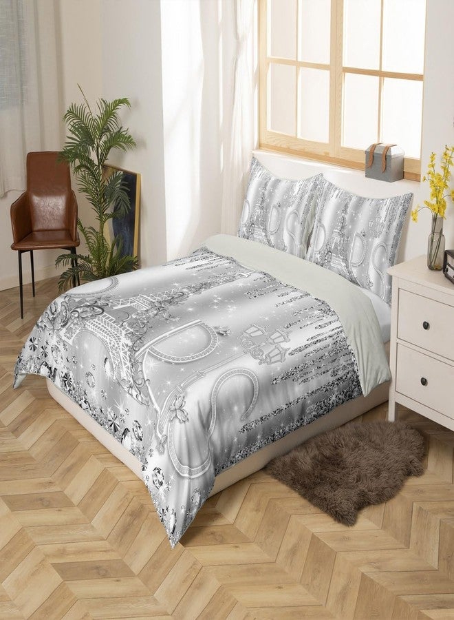 Castle Fairy Paris Duvet Cover Set King Size Sliver Glitter Diamond Bedding Set 3pcs for Kids Girls Boys Women Room Decor,Romantic Eiffel Tower Comforter Cover Luxury Pearls and Jewels Quilt Cover,2 Pillowcases - Image 5