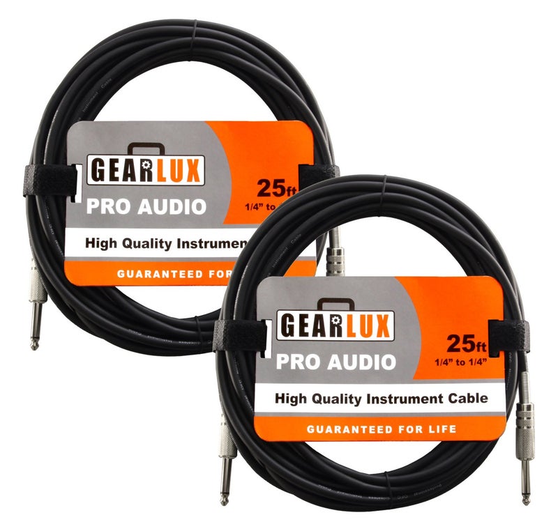 Gearlux Instrument Cable/Guitar Cable, 1/4 Inch, Straight to Straight, Black, 25 Feet - 2 Pack - Image 1
