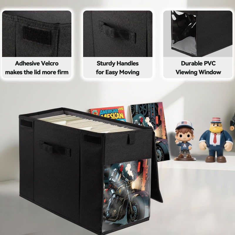ComfortKeeper 2 Pack Comic Book Storage Box with Lid for Modern Age, Collapsible Magazine Organizer with Clear Window, Holds 150 Comic Books Heavy Duty Case Container Holder, Black - Image 5