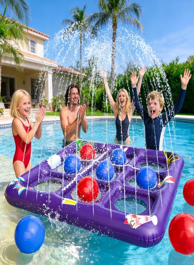 EPN Inflatable Tic Tac Toe Pool Game, 56” x 54” Floating Pool Party Toss Game with 10 Balls, 2-in-1 Pool & Lawn Water Game with Sprinkler, Outdoor Summer Party Toy for Kids Teens Adults, Purple - Image 1