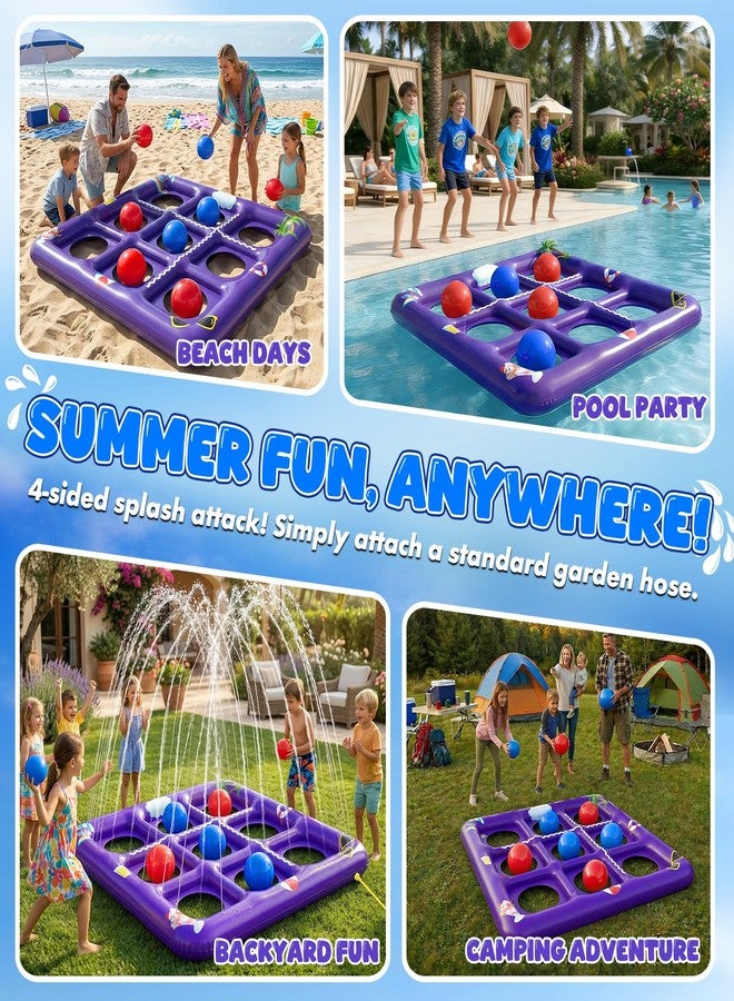 EPN Inflatable Tic Tac Toe Pool Game, 56” x 54” Floating Pool Party Toss Game with 10 Balls, 2-in-1 Pool & Lawn Water Game with Sprinkler, Outdoor Summer Party Toy for Kids Teens Adults, Purple - Image 2