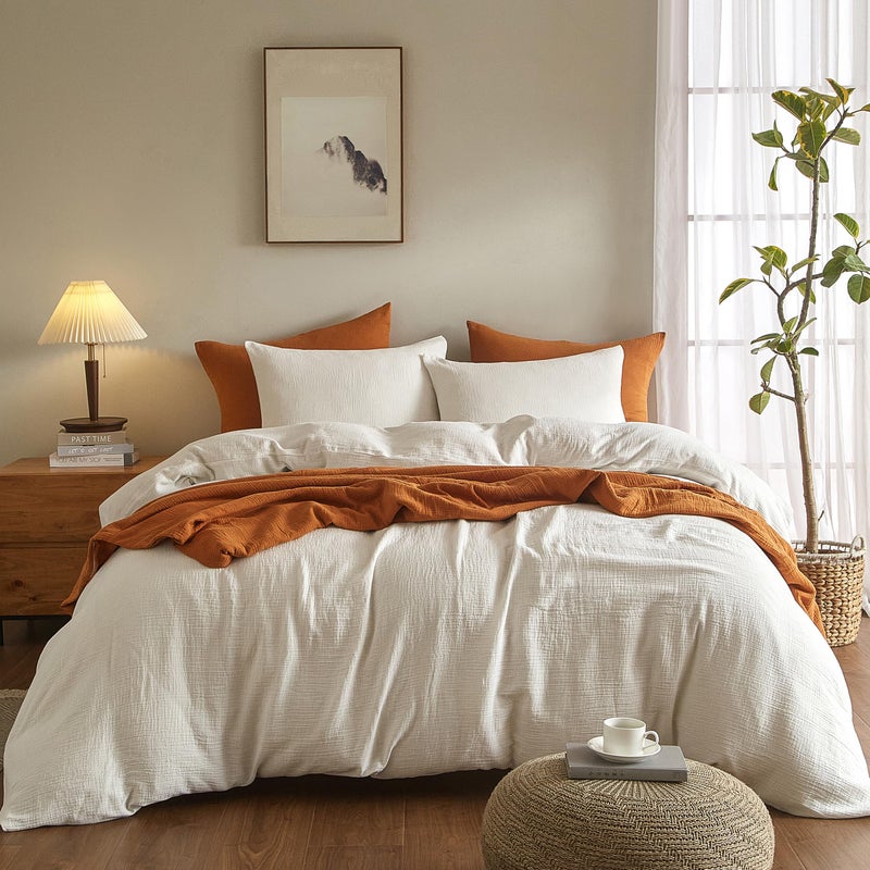 SE SOFTEXLY Muslin Duvet Cover King Size, 100% Washed Cotton Duvet Cover Set, Ultra Soft Comforter Cover Linen Like, 3 Pieces Minimalist Gauze Duvet Cover with 2 Pillowcases, 90"x104", White - Image 2