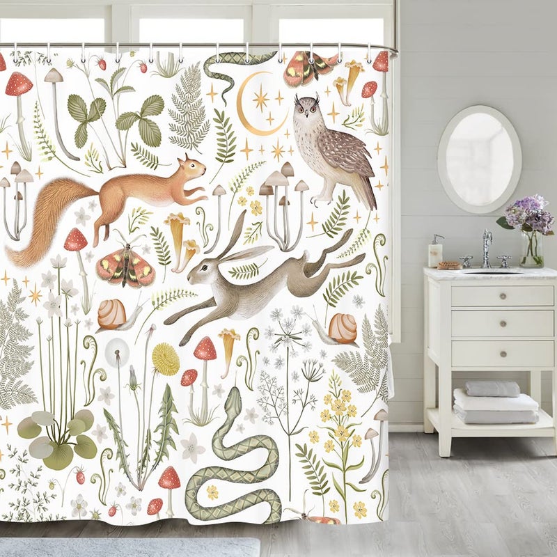 Uokiuki Fairy Rustic Forest Shower Curtain for Bahtroom, Country Woodland Wild Animals Butterfly Mushroom Set Hunting Shower Curtain, Farmhouse Rustic Cabin Lodge Shower Curtain Set with Hooks 70X70IN - Image 3