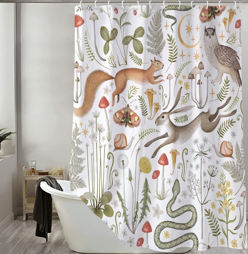 Uokiuki Fairy Rustic Forest Shower Curtain for Bahtroom, Country Woodland Wild Animals Butterfly Mushroom Set Hunting Shower Curtain, Farmhouse Rustic Cabin Lodge Shower Curtain Set with Hooks 70X70IN - Image 4