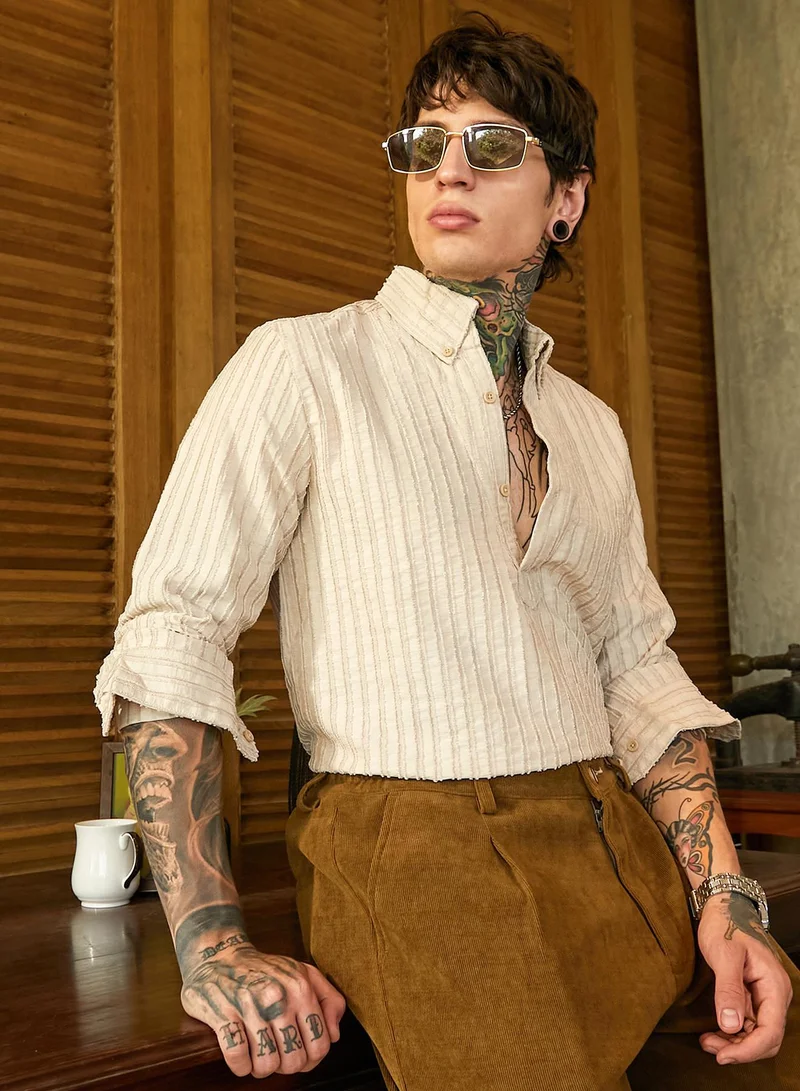 Men's Saltbox Beige Edge-Lined Half-Placket Shirt
