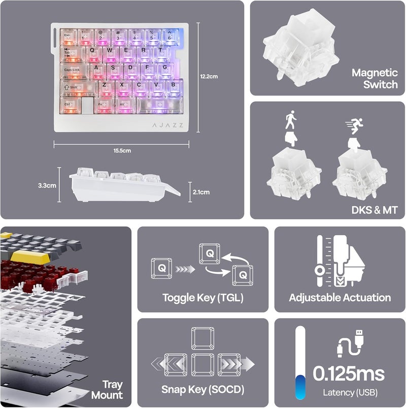 MechLands AJAZZ AK029 One Handed Gaming Keyboard, 8Khz Polling, 29 Keys Rapid Fast Wired Keyboard, SOCD & DKS, Magnetic Switch, Adjustable Actuation, RGB Backlits, Aluminum Plate (White Transparent) - Image 3