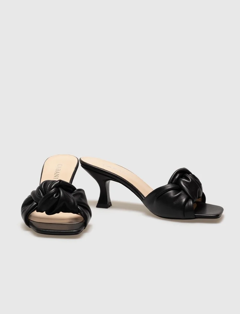 Cabani Genuine Leather Black Women's Thin Heeled Slippers