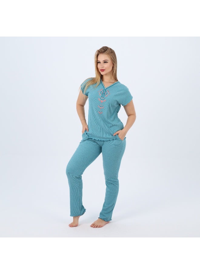zecotex  Cotton Embroidered Women's Pajama Set – Soft Lounge Wear – Short Sleeve Top & Full-Length Pants – Sizes S to 2XL  - Image 4