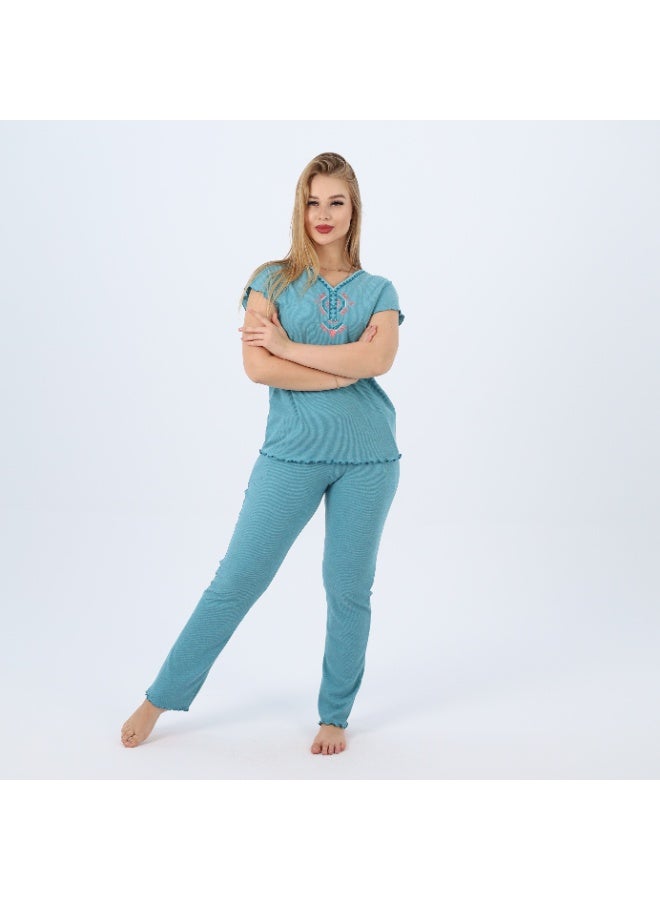 zecotex  Cotton Embroidered Women's Pajama Set – Soft Lounge Wear – Short Sleeve Top & Full-Length Pants – Sizes S to 2XL  - Image 1