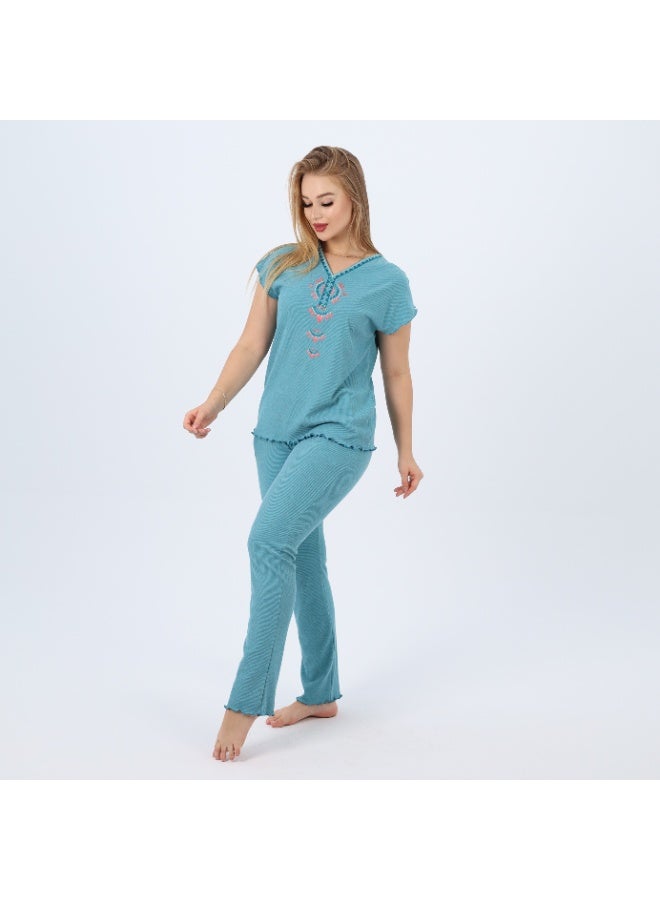 zecotex  Cotton Embroidered Women's Pajama Set – Soft Lounge Wear – Short Sleeve Top & Full-Length Pants – Sizes S to 2XL  - Image 3