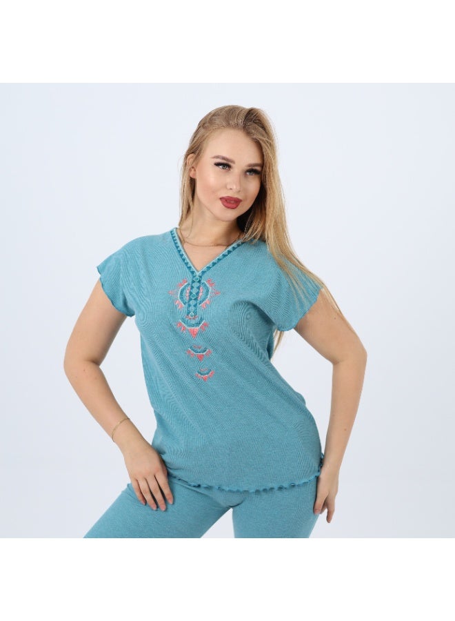 zecotex  Cotton Embroidered Women's Pajama Set – Soft Lounge Wear – Short Sleeve Top & Full-Length Pants – Sizes S to 2XL  - Image 5