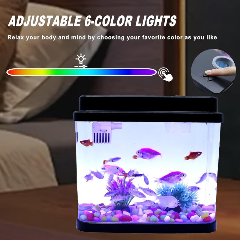Toycol حوض أسماك صغير مع مصابيح LED قابلة للتعديل بـ 6 ألوان، وظيفة ثلاثية للترشيح والأكسجين ودوران المياه، ملصق محيطي DIY، هدية ممتازة للأطفال والبالغين - Image 5