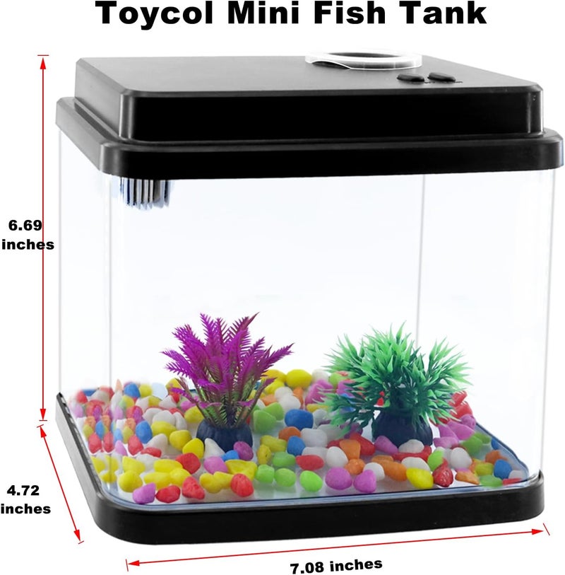 Toycol حوض أسماك صغير مع مصابيح LED قابلة للتعديل بـ 6 ألوان، وظيفة ثلاثية للترشيح والأكسجين ودوران المياه، ملصق محيطي DIY، هدية ممتازة للأطفال والبالغين - Image 3