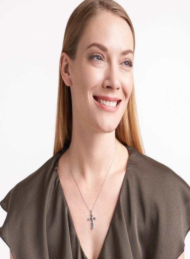 مورجان آند بايدج قلادة صليب من الفضة الإسترليني عيار 925 مطلية بالروديوم من مورغان آند بيج للنساء - قلادة أنيقة من الفضة الإسترليني مع قلادة صليب من التوباز الأزرق السويسري واللندني للنساء، مجوهرات إيمانية، 18 بوصة - Image 4