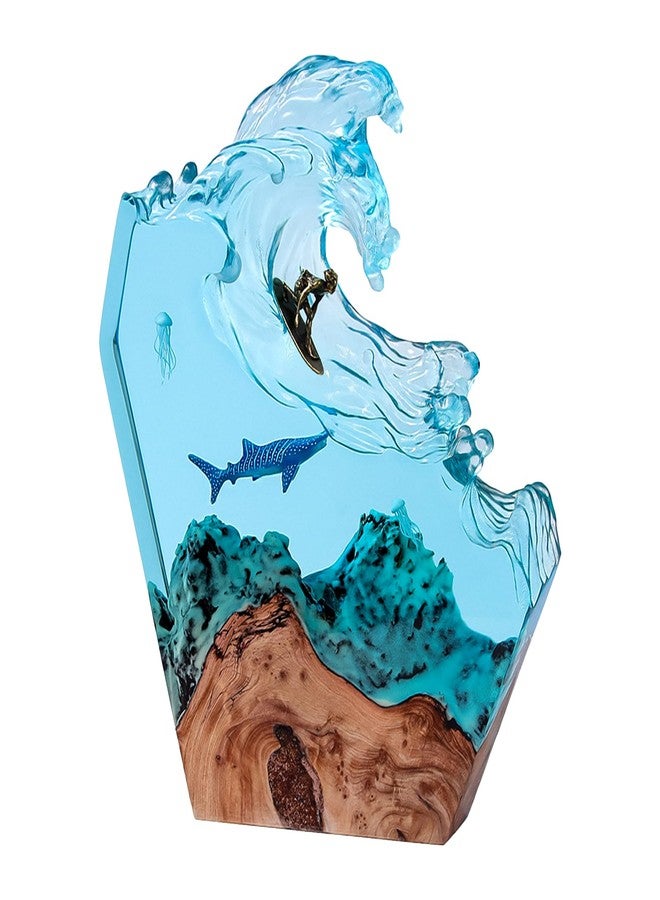 dcvbny Resin LED Ocean Surfing Night Lights,Handmade Wooden Epoxy Resin Bedside Table Lamp,3D Art Ornaments Office Bedroom Room Party Decor for Surfer Men Women Boys Girls (10-inch Surfing) - Image 1